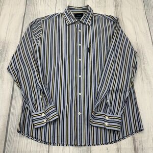 Faconnable Button Shirt Trend L Large Blue Stripe Long Sleeve‎ Mens